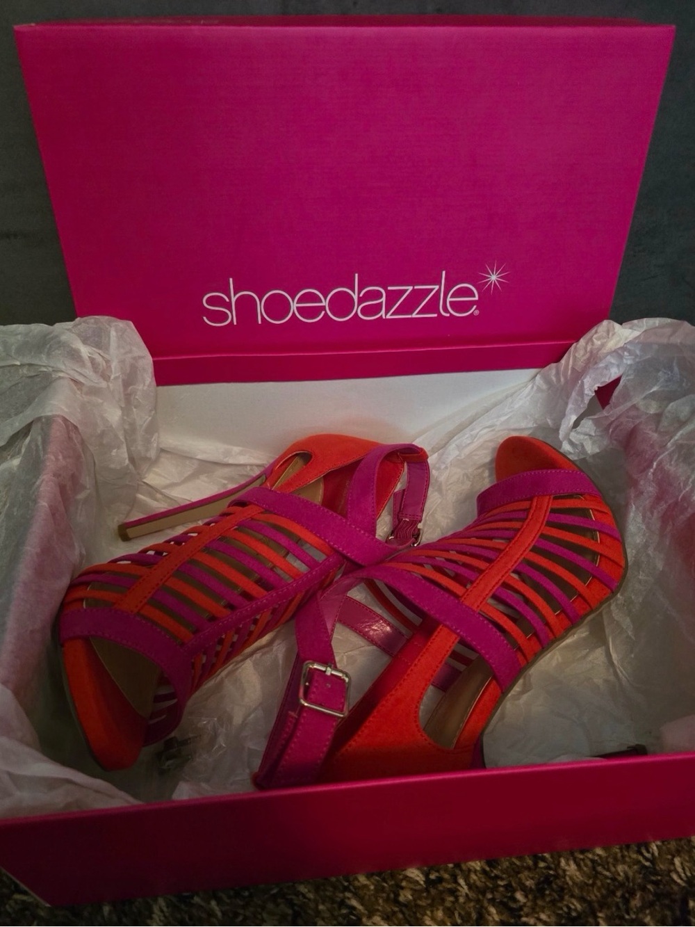 Shoe Dazzle Hot Pink and Red Strappy High Heels
